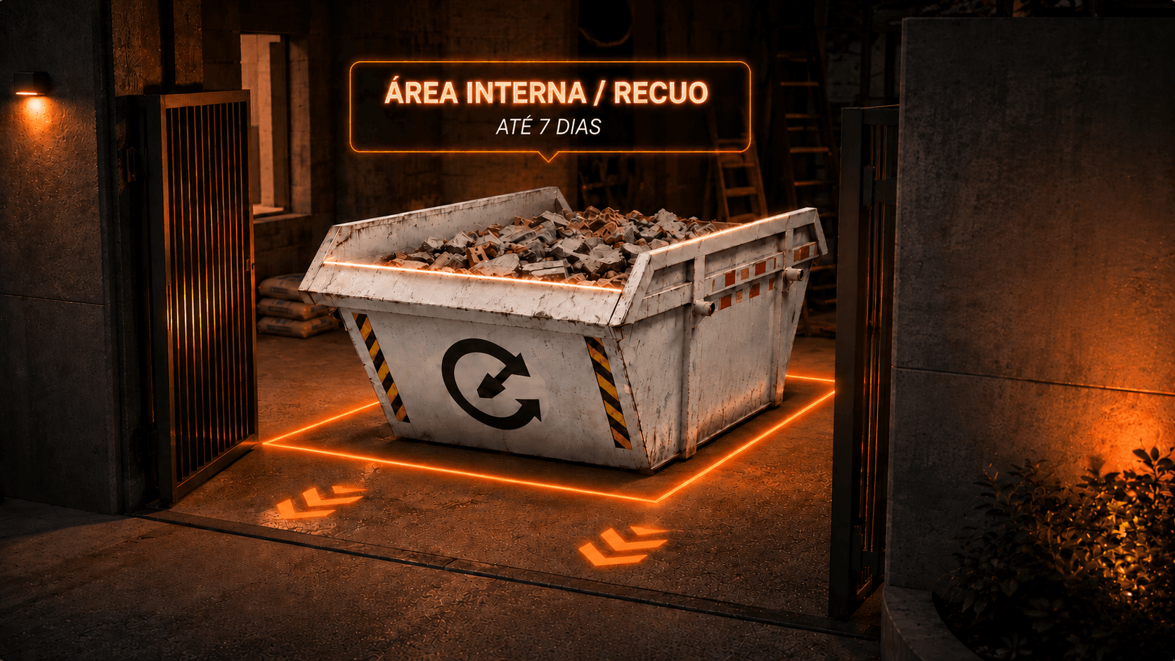 Caçamba posicionada em área interna ou recuo de obra